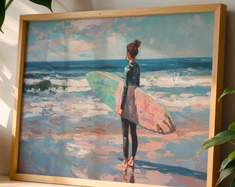 Pink Surfboard Watercolor, Feminine Coastal Artwork, Girls Dorm Room Wall Art, Babygirl Nursery Decor, Surfer Girl Bedroom, Digital Download