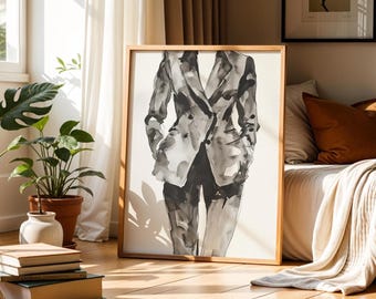 May include: A framed watercolor painting of a suit in shades of gray and black. The artwork depicts a person in a suit with hands in pockets. The painting is in a light-colored wooden frame, leaning against a wall in a room with natural light.