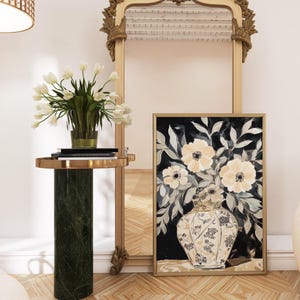 Impresión de arte mural con motivos chinos de acuarela, póster de jarrón botánico, diseño melancólico y femenino, descarga digital, elegante decoración moderna para el hogar.