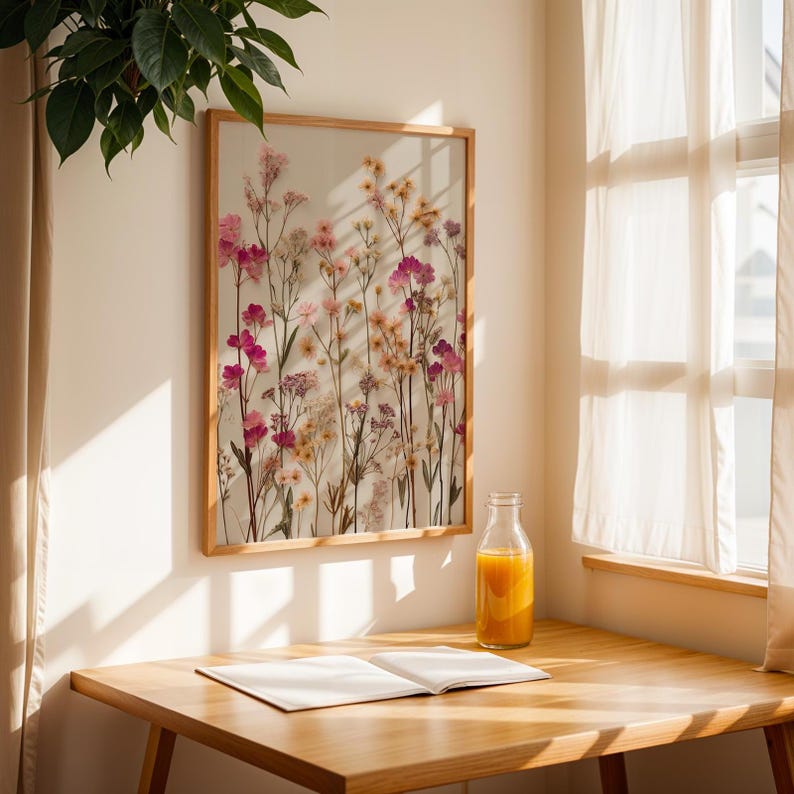 Może przedstawiać: Oprawiony botaniczny nadruk z prasowanymi kwiatami w odcieniach r&oacute;żu, ż&oacute;łci i bieli. Grafika wisi na kremowej ścianie, z drewnianym stołem i butelką soku pomarańczowego na pierwszym planie. Pomieszczenie jest oświetlone naturalnym światłem.