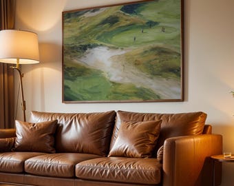 Lámina artística abstracta de campo de golf, descarga digital de paisaje moderno, decoración de pared de golf verde impresionista
