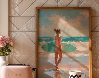 Surfer Girl with Pink Surfboard Print: Trendy Summer Poster, Coastal Beachy Decor (Digital Download)