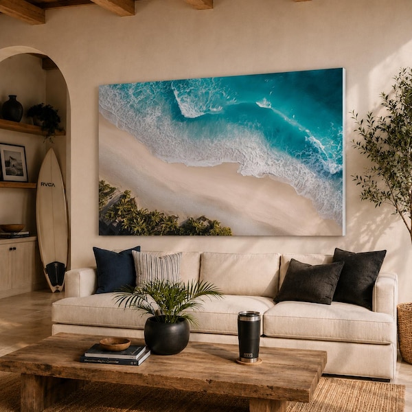 Drone View Turquoise Ocean Waves Large Canvas, Aerial Ocean Print, Coastal Decor, Tropical Sea Landscape, Beach House Artwork, Ready to Hang