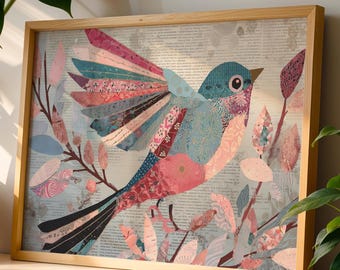 Pastel Bird Nursery Print, Whimsical Fabric Collage Art Print, Colorful Nature Digital Download