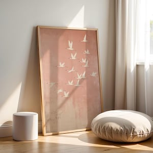 Minimalist White Cranes on Pink Print: Bird Wall Hanging, Japandi Nature Wall Art, Modern Nursery Animal Picture (Digital Download)