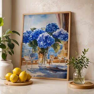 Blue Hydrangea Coastal Dining Print: Watercolor Seaside Art (Digital Download