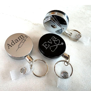 Custom Name ID Badge Holder Reel with Belt Clip Keyring, Option to Add a Nurse Bandage Scissors