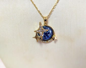 Colar com Pingente de Galáxia, Colar com Pingente de Estrela em Aço Inoxidável, Joia Planeta Azul Cósmico, Presente Celestial para Ela, Joia Astrológica, Pingente