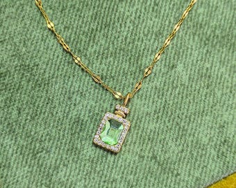 Green Hexagonal Gem Pendant, Galaxy Necklace, Stainless Steel Charm Necklace, Woman Jewelry, Birthday Gift for Her, Mother's Day Gift, Steel