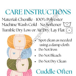 May include: Care instructions graphic with text about chenille material, machine washing, and drying. The image includes a stack of yarn balls in yellow, blue, green, and pink, with heart details. The text says "Cuddle Often."