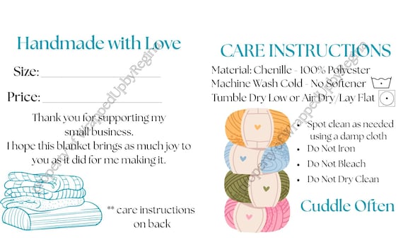Care Instructions - Size & Price Tag front and back for Chunky Yarn Blankets