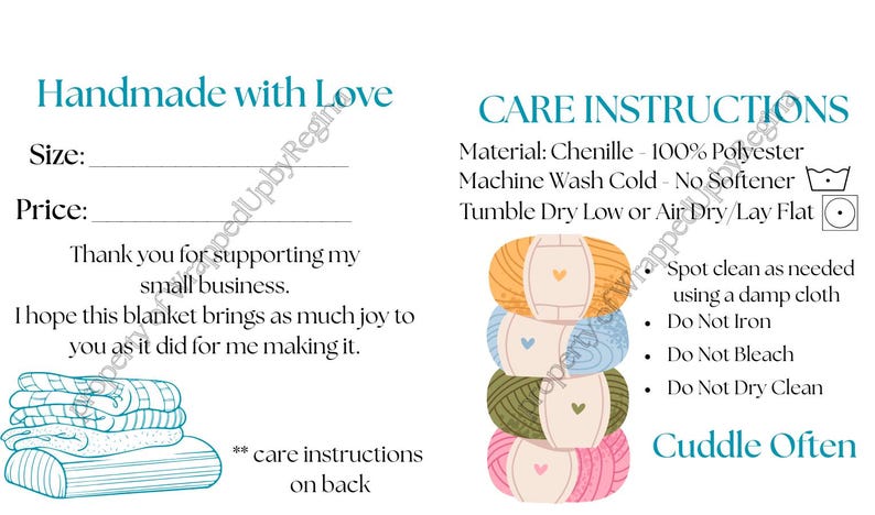 May include: A card with care instructions for a chenille blanket. The text reads "Handmade with Love" and "Cuddle Often." The care instructions include machine wash cold, no softener, and tumble dry low. The material is 100% polyester.