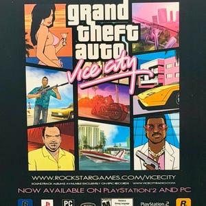 May include: A Grand Theft Auto Vice City video game advertisement poster featuring a collage of characters, a yellow sports car, a motorcycle, and a speedboat. The text reads IT'S NOT JUST A NEW FRONTIER FOR GAMES, IT'S A NEW FRONTIER FOR HUMANITY.