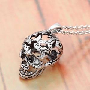 Stainless Steel Skull Necklace – Carved Skeleton Pendant with Hollow Design, Gothic Horror Jewelry for Men and Women, Punk Style