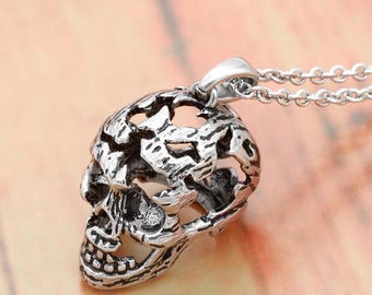 Collar de calavera de acero inoxidable con colgante de esqueleto hueco gótico