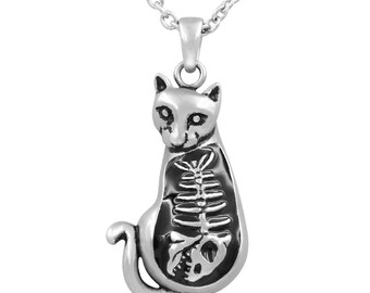 Stainless Steel Cat Necklace, Fish Skeleton Pendant, Spooky Gothic Jewelry