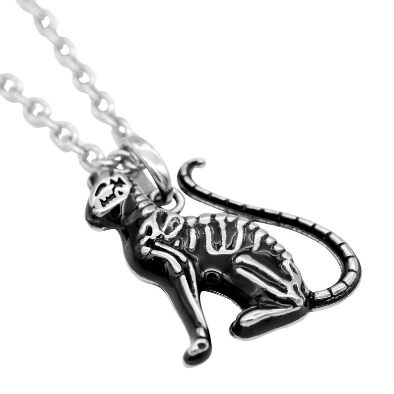 May include: A silver chain necklace with a black cat pendant. The cat is depicted as a skeleton with a detailed bone structure. The pendant is a statement piece with a gothic aesthetic.