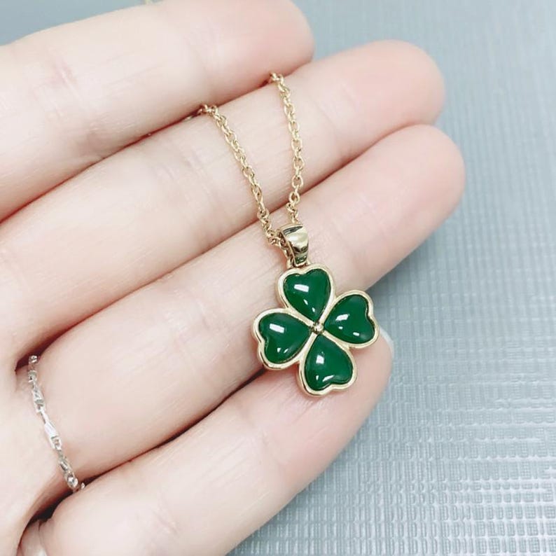 24K Gold Plated Stainless Steel Four-leaf Clover Necklace With Jade and ...
