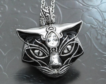 Gothic Cat Pendant Necklace – Stainless Steel, Black Epoxy & Crystal