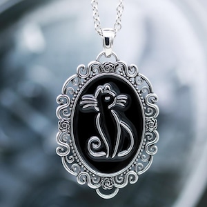 cat necklace black cat pendant black cameo stainless steel pendant necklace oval frame gift for her