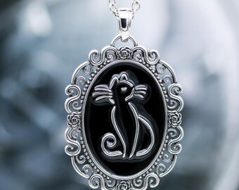Black Cat Cameo Necklace, Stainless Steel Pendant