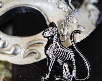 Skeleton Cat Necklace, Black Epoxy, Stainless Steel Pendant