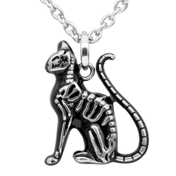 Stainless Steel Cat Skeleton Necklace – Gothic Halloween Jewelry
