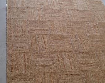 Alfombra de yute tejida a mano, alfombra geométrica de patchwork, alfombra ecológica de estilo bohemio rústico.