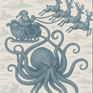 May include: A blue and white illustration depicts Santa Claus in a sleigh pulled by reindeer, above a large octopus. The octopus has an angry expression. The background features a cloudy sky.
