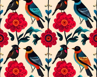 Papel de embrulho com estampa floral colorida e pássaros e flores
