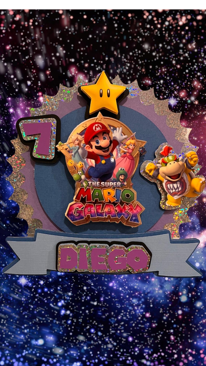 May include: A colorful birthday decoration featuring characters from the Super Mario Galaxy video game. The design includes a star, the number 7, and the name "Diego". The background is a starry night sky.