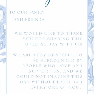 Modèle de carte de remerciement modifiable pour mariage | Remerciement de tableau imprimable | Panneau de mariage floral bleu | Modèle Canvas à téléchargement immédiat