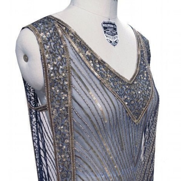 MIDNIGHT Blue & Gold Sequins - 1920s Art Deco  Beaded Vintage Flapper, The Great Gatsby, Downton Abbey,1920s Wedding Gown, Boudoir