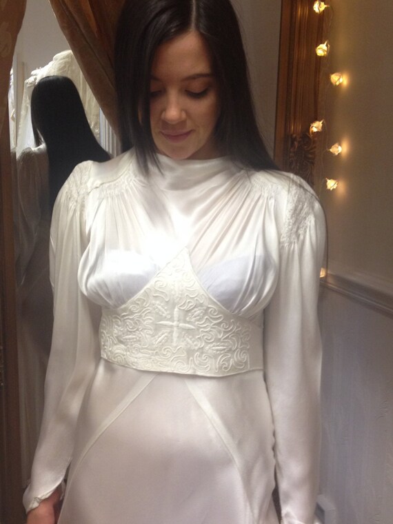 1930's Deco Wedding Dress, Satin Dress, Ivory Liqu