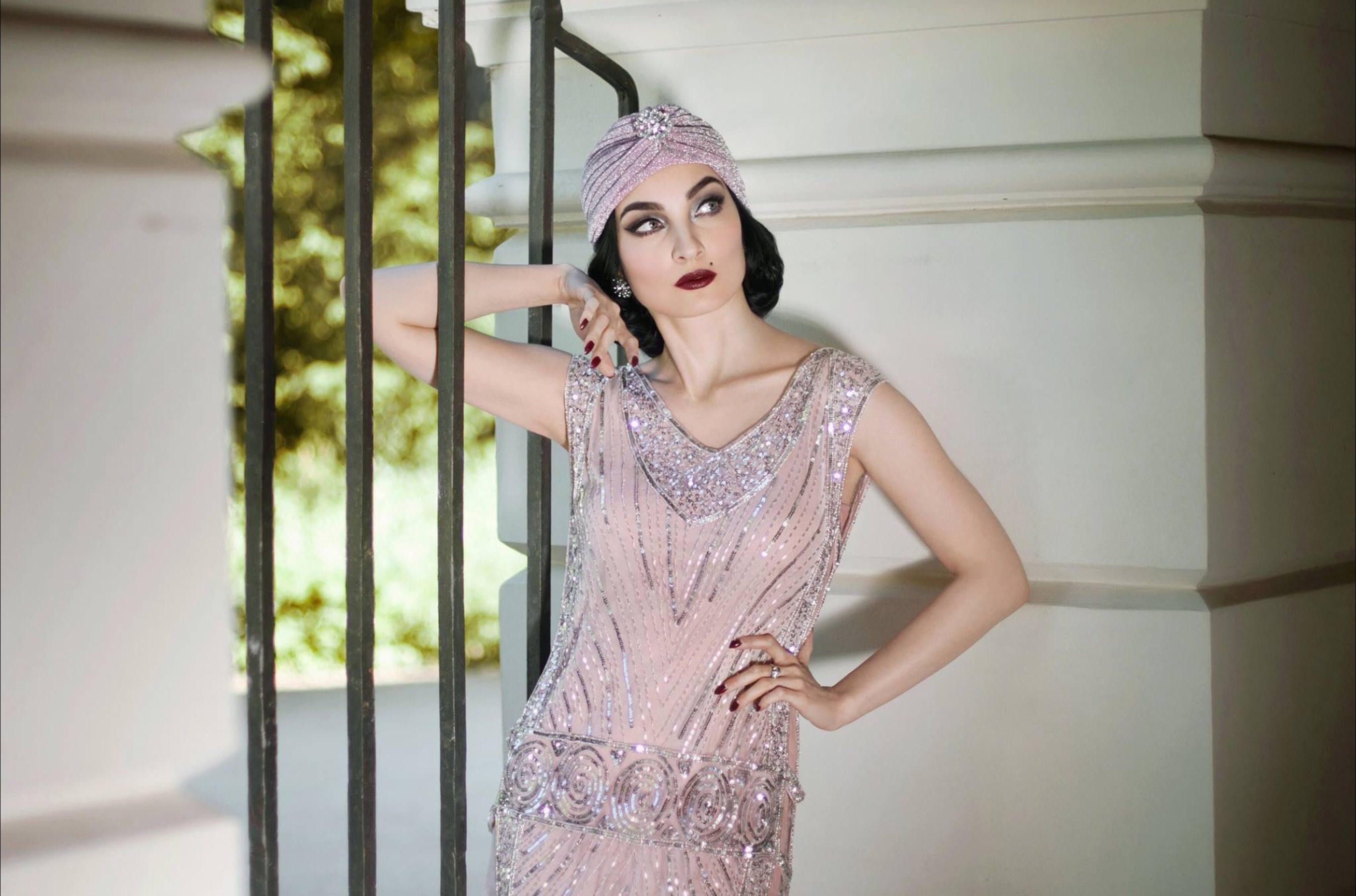 Silver Pink Tulle - 1920s Art Deco Dress, Beaded Dress