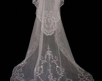 EDWARDIAN Exquisite Cathedral length Antique Style Tambour Lace Wedding Bridal Veil