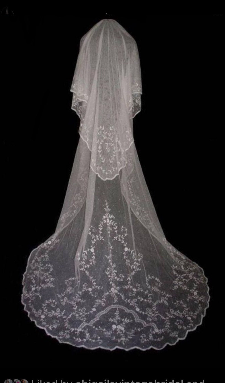 EDWARDIAN Exquisite Cathedral length Antique Style Tambour Lace Wedding Bridal Veil