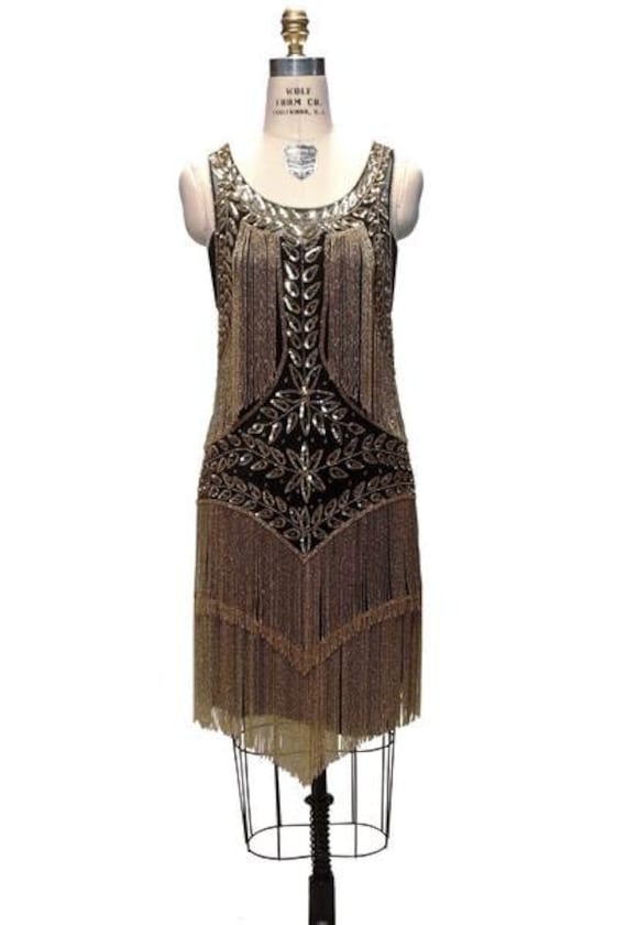 black and gold art deco dress BABEYOND Zouzou Beaded Flapper Dress, 1920s Dresses, Black / Dark Gold