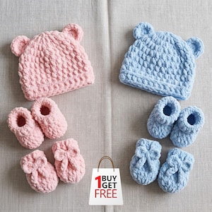 Conjunto de padrões de crochê para bebês, de recém-nascidos a 12 meses (PDF), incluindo gorro, luvas e sapatinhos de urso, com bônus grátis.