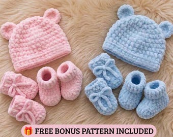 Baby Crochet Pattern Hat, Mittens, Booties Set (PDF), Free Bonus