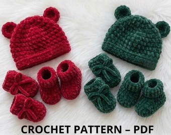 Baby Bear Hat Mittens Booties Crochet Pattern Set Newborn(PDF)
