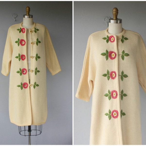 Wool Duster Coat | Vintage 1950s Cardigan Coat | 50s Duster Sweater | 60s Cardigan | 1960s Sweater | Vintage Floral Sweater | Long Cardigan