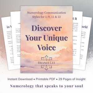 Puede incluir: Una portada de libro con el título "Discover Your Unique Voice" en texto morado, con el nombre del autor, Brandi Lei, debajo. La portada tiene un fondo de acuarela con suaves tonos melocotón y rosa. El libro trata sobre numerología.
