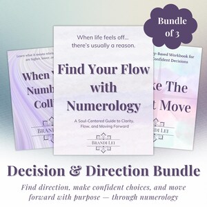 May include: A bundle of three books with the title "Find Your Flow with Numerology" and the text "Decision & Direction Bundle". The books have a soft purple and white color scheme. The text on the books includes "When Numbers Collide" and "Make The Next Move".