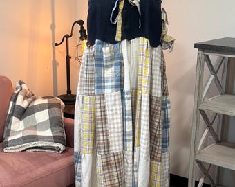 Patchwork Maxi Dress – Upcycled Denim & Dress Shirt Fabric (One of a Kind)