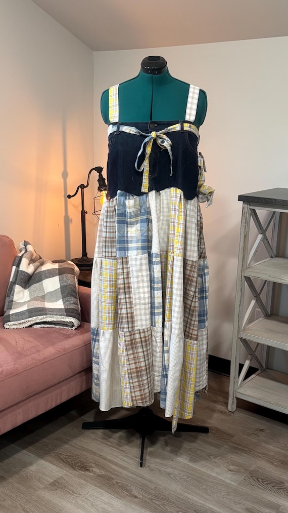 Patchwork Maxi Dress - Upcycled Denim & Dress Shirt Fabric (One of A Kind)