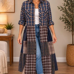 Upcycled Men’s Shirt Patchwork Duster • One of a Kind Plaid Dress
