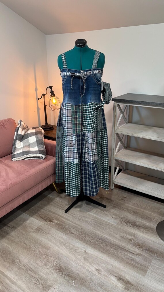 Patchwork Maxi Dress – Upcycled Denim Dress Shirt Fabric (one of