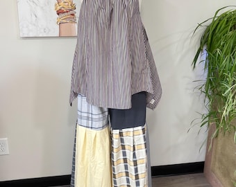 Upcycled Patchwork Two Piece Set | Reversible Flowy Top & Wide Leg Pants Made From Mens Shirts