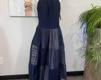 Abito lungo patchwork riciclato / Realizzato a mano con camicie da uomo / Stile boho cottagecore sostenibile